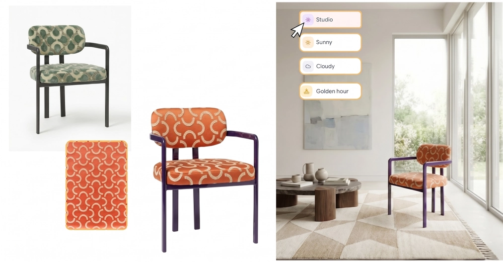 Creating AI furniture packshots in RAYA – changing armchair upholstery and rendering in a&nbsp;modern living room