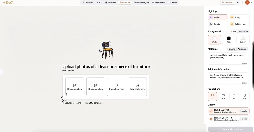 Furniture visualization creation panel in the RAYA application – image uploading, lighting selection, background choice, and material configuration.