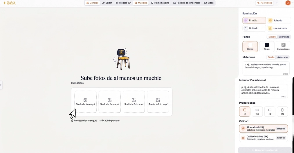Panel de creación de visualizaciones de mobiliario en la aplicación RAYA: carga de imágenes, selección de iluminación, fondo y materiales