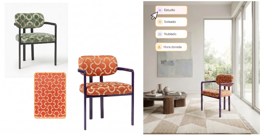 Creación de packshot de muebles con IA en RAYA: cambio de tapicería de sillón y renderizado en un salón moderno.