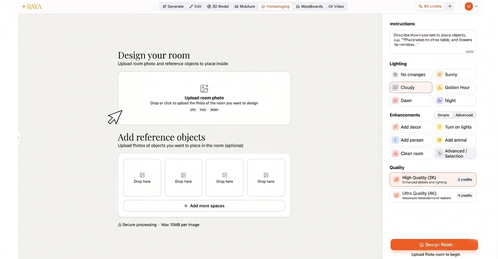 RAYA app virtual home staging dashboard for generating interior visualizations