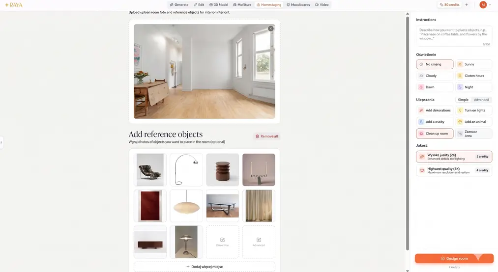 RAYA interface showing reference objects and a&nbsp;completed staged living room visualization