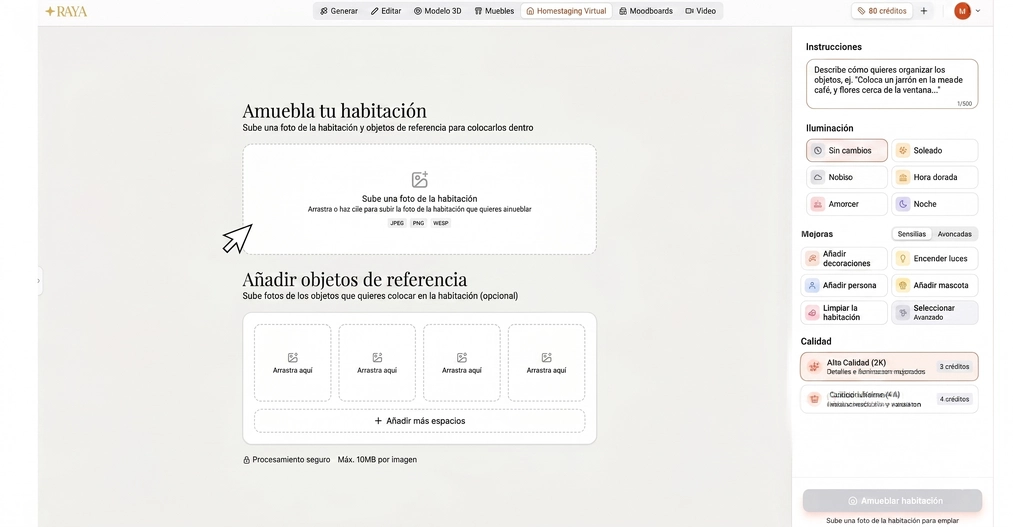 Panel de home staging virtual en la aplicación RAYA para generar visualizaciones de interiores