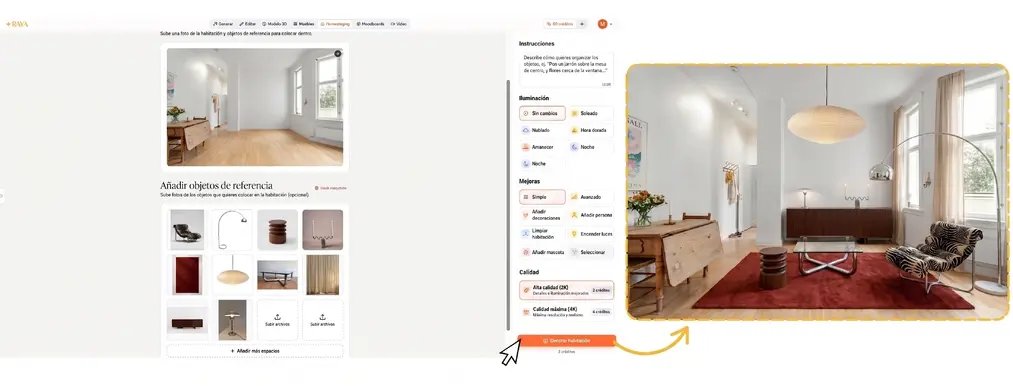 panel de RAYA con objetos de referencia y visualización fotorrealista de una sala ambientada