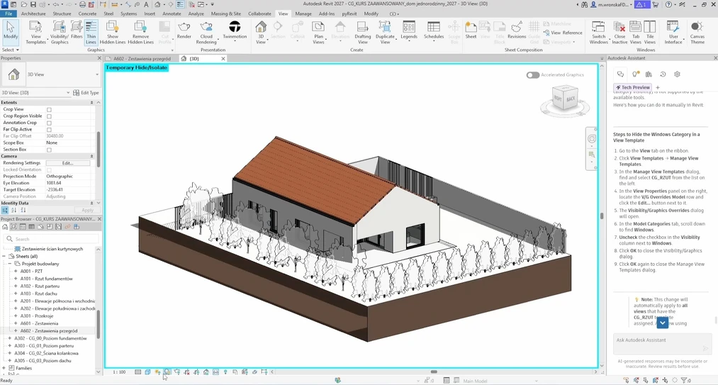 D model of a&nbsp;single-family house with its surroundings in the Revit interface.