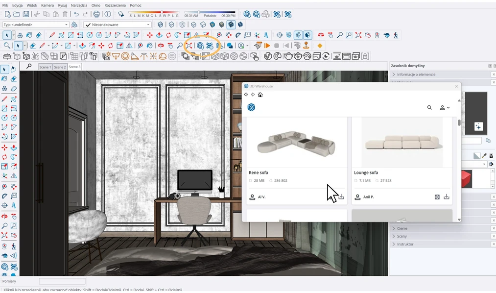 SketchUp interface with the 3D Warehouse library open. Downloading ready-made furniture models for an interior design project