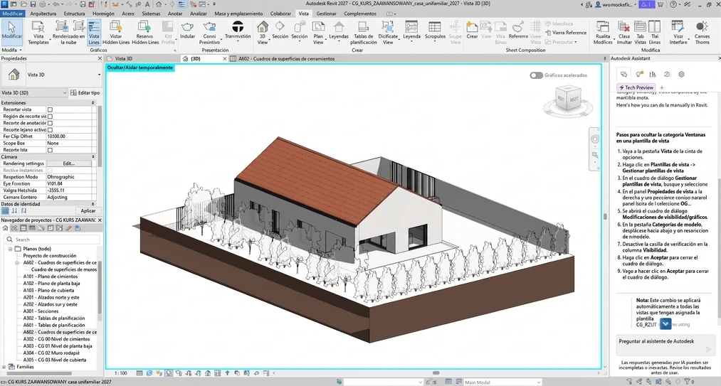 Modelo 3D de una casa unifamiliar con su entorno en la interfaz de Revit
