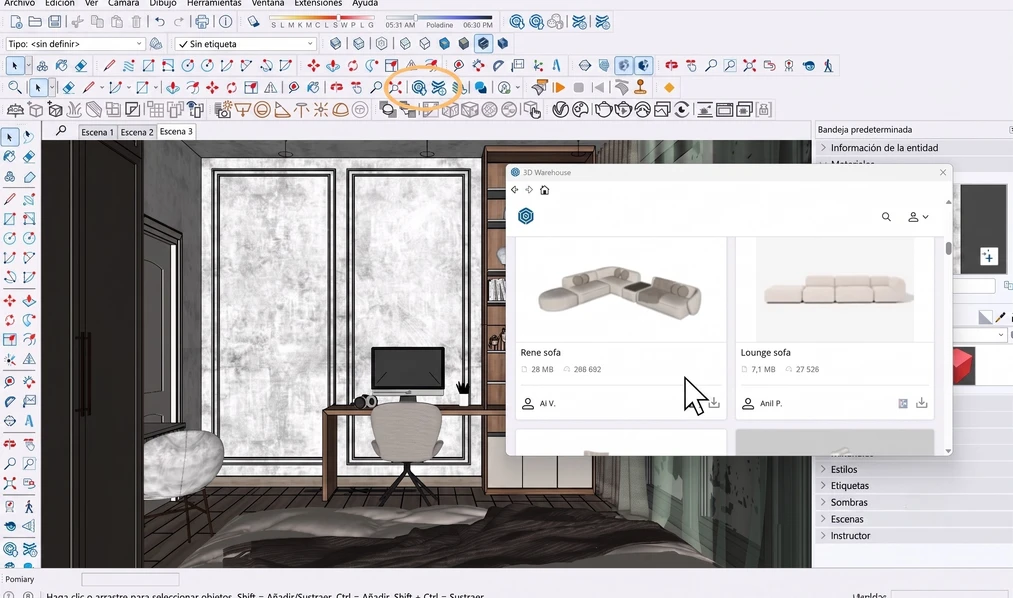 Interfaz de SketchUp con la biblioteca 3D Warehouse abierta. Descargando modelos de muebles listos para un proyecto de interiores