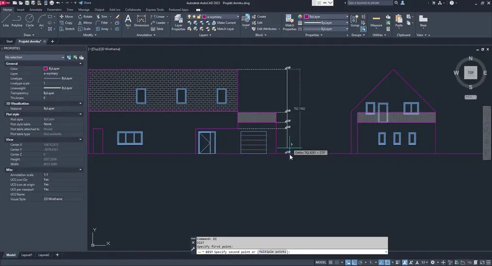 2D drawing of a&nbsp;building elevation with dimensions in the AutoCAD interface