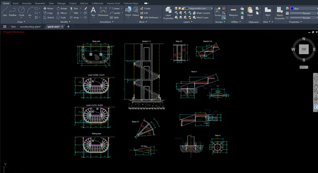 AutoCAD interface showing precise technical drawing and stair documentation