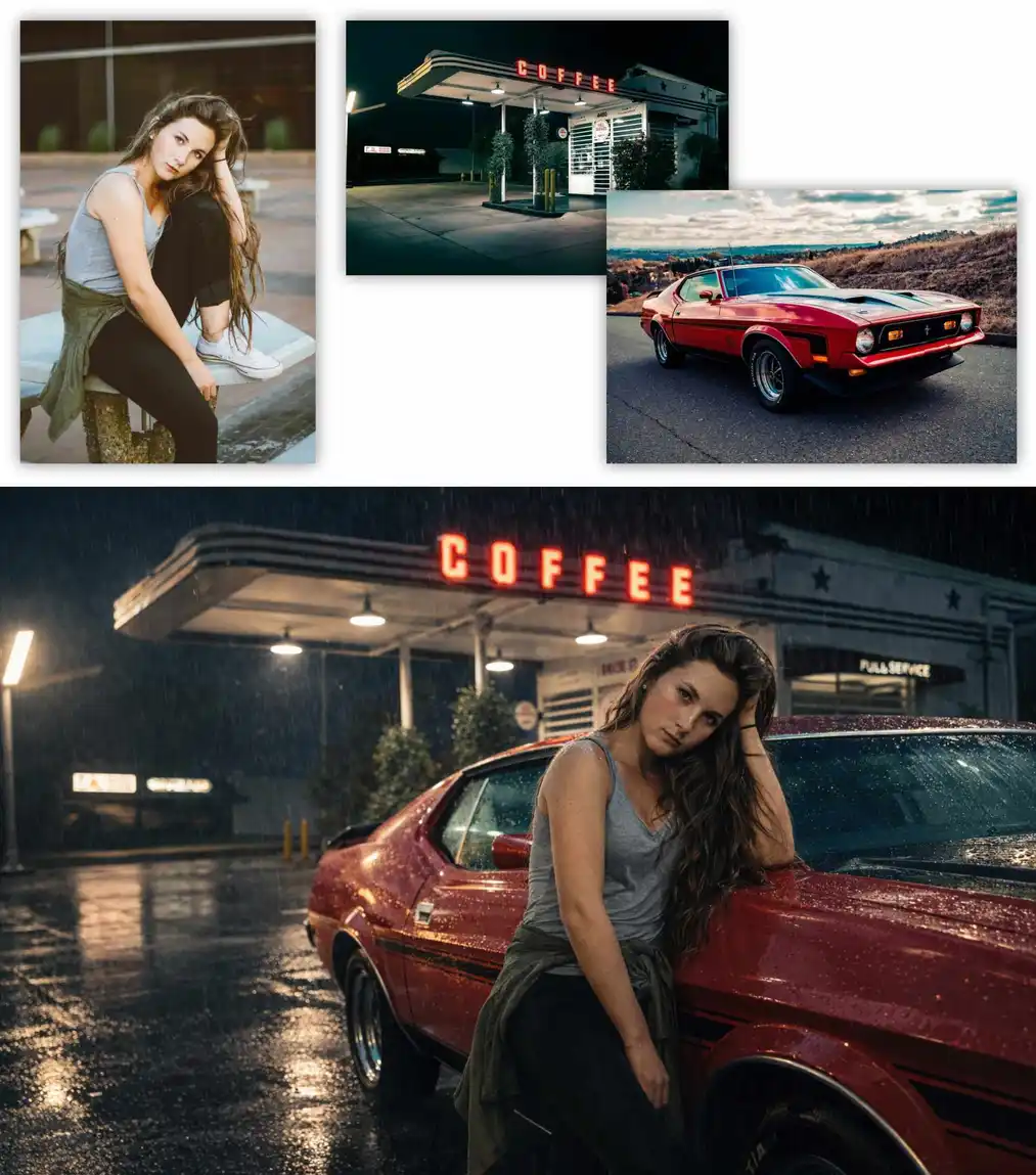 Test 3 GPT Image 1.5 merging reference images – portrait, Mustang, and gas station