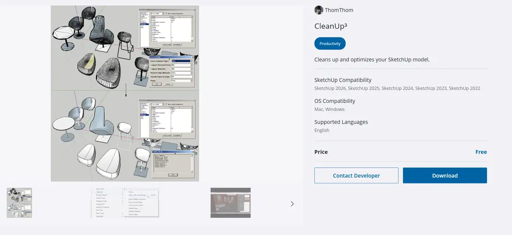 CleanUp3 plugin for optimizing models in SketchUp - Extension Warehouse page