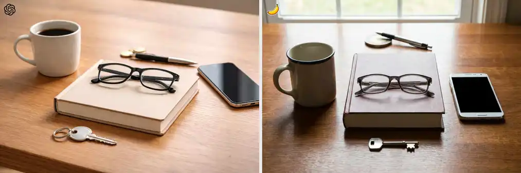 Test 3: spatial relationships between objects – comparison of GPT Image 1.5 and Nano Banana Pro