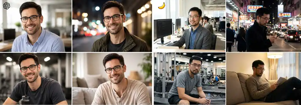 Test 6: character consistency in different settings – comparison of GPT Image 1.5 and Nano Banana Pro