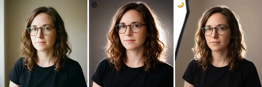 Test 10: change of lighting of a&nbsp;woman's portrait – comparison of GPT Image 1.5 and Nano Banana Pro