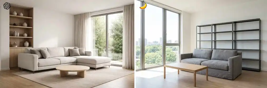 Test 12: photorealistic living room interior without forbidden objects – comparison of GPT Image 1.5 and Nano Banana Pro