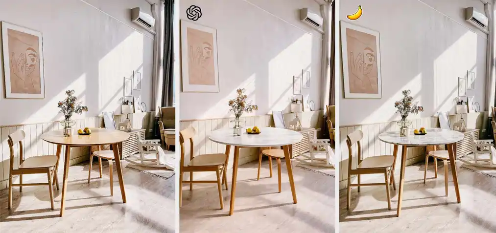 Test 9: changing the material of a&nbsp;wooden table to white marble – comparison of GPT Image 1.5 and Nano Banana Pro