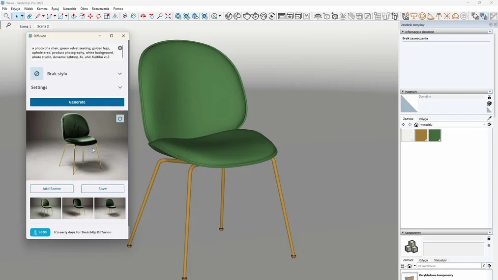 Example of an effective prompt in SketchUp Diffusion illustrating the order of keywords