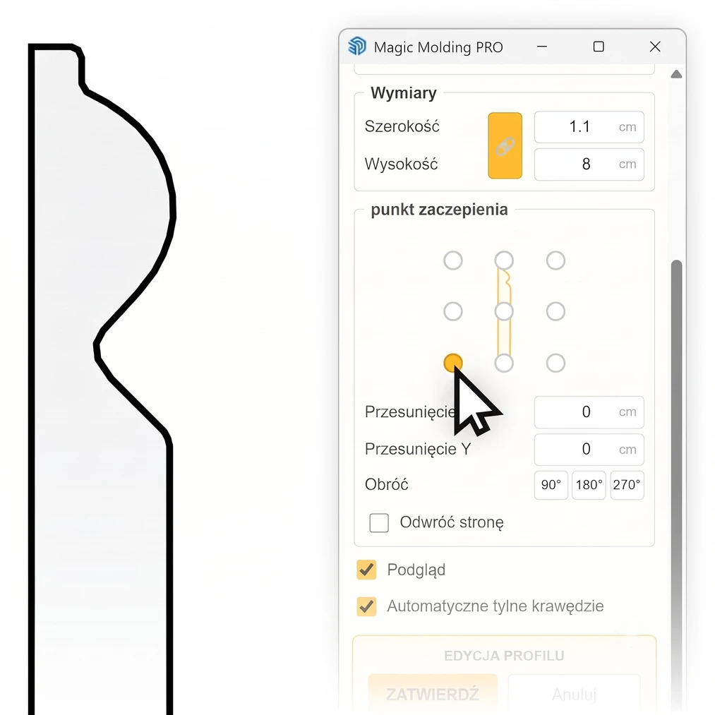Choosing the anchor point of a&nbsp;molding profile in the Magic Molding plugin panel