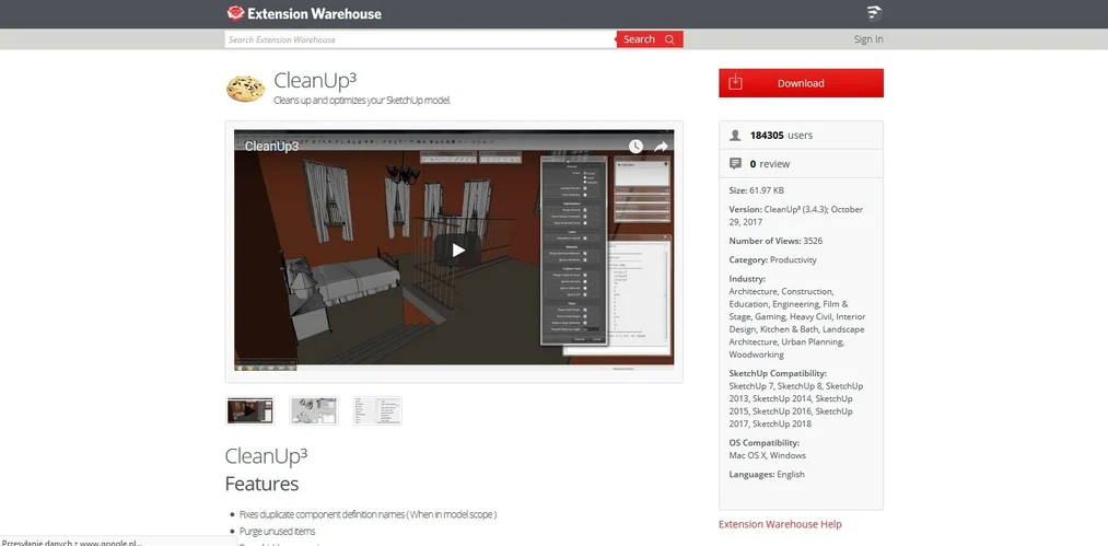 CleanUp plugin installation in SketchUp from Extension Warehouse
