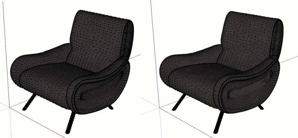 Comparison of geometry before and after optimization with CleanUp in SketchUp