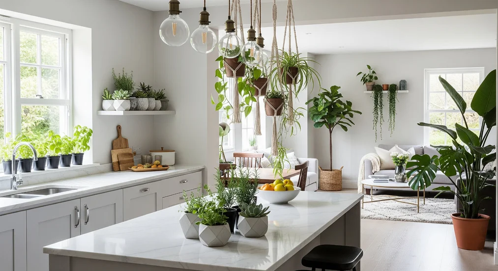 Plants and natural elements in living room with kitchen annex