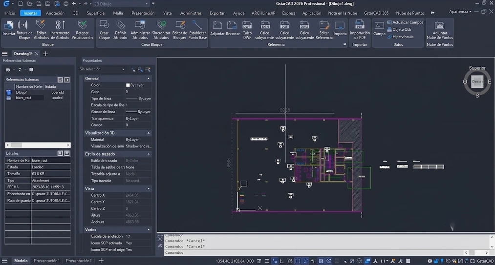 Interfaz de GstarCAD 2026 Professional mostrando un plano de planta 2D