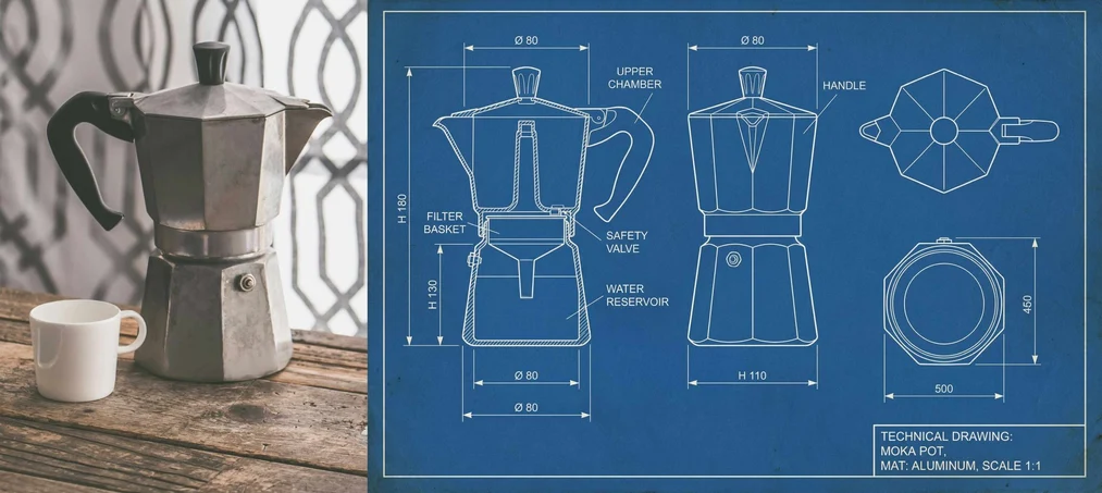 Dibujo técnico de la cafetera moka express generado por Nano Banana Pro