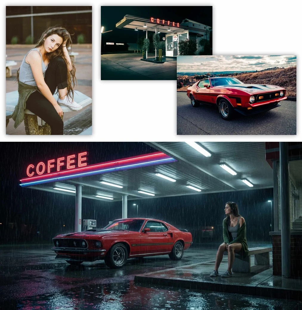 Nano Banana Pro - trabajo con múltiples imágenes de referencia en estilo neo-noir