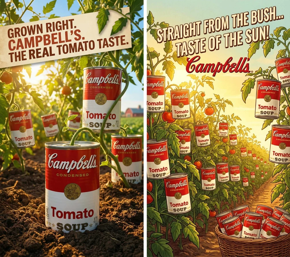 Gráfico publicitario profesional de anuncio surrealista de Campbell's Soup generado por Nano Banana Pro
