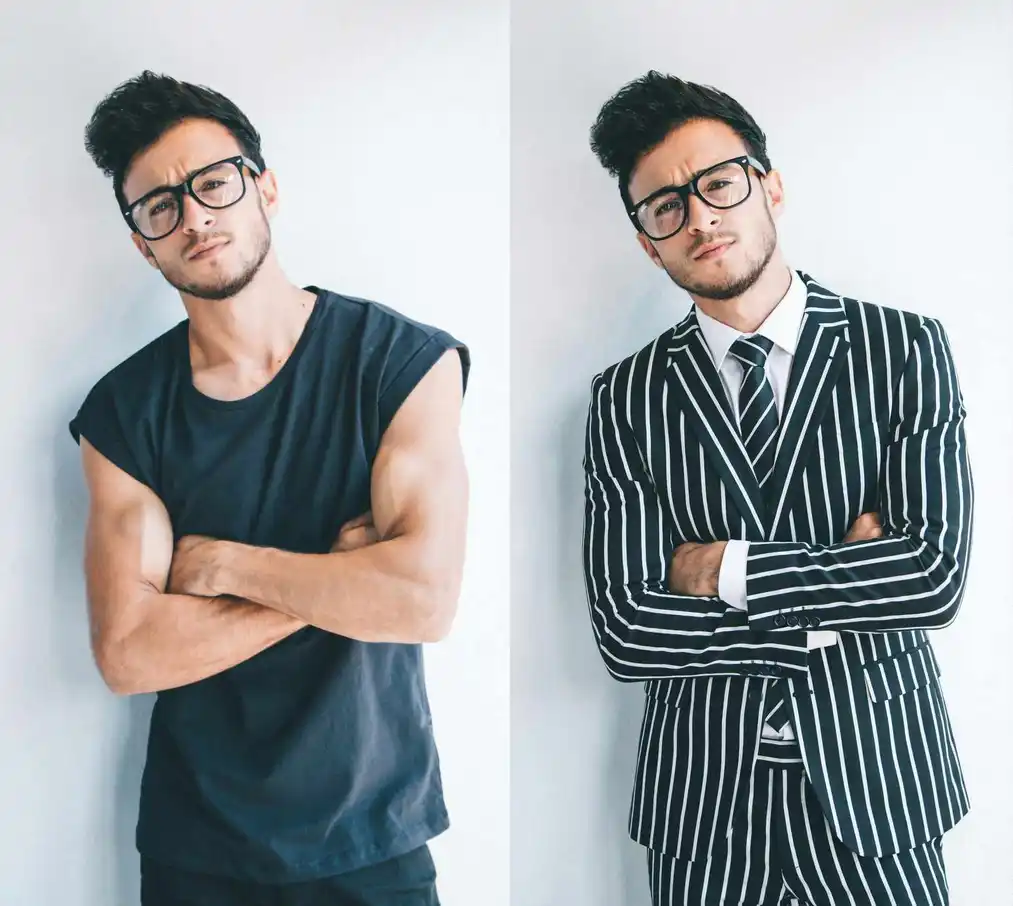 Cambio de vestuario de un hombre a&nbsp;un elegante traje negro de rayas blancas con Nano Banana Pro