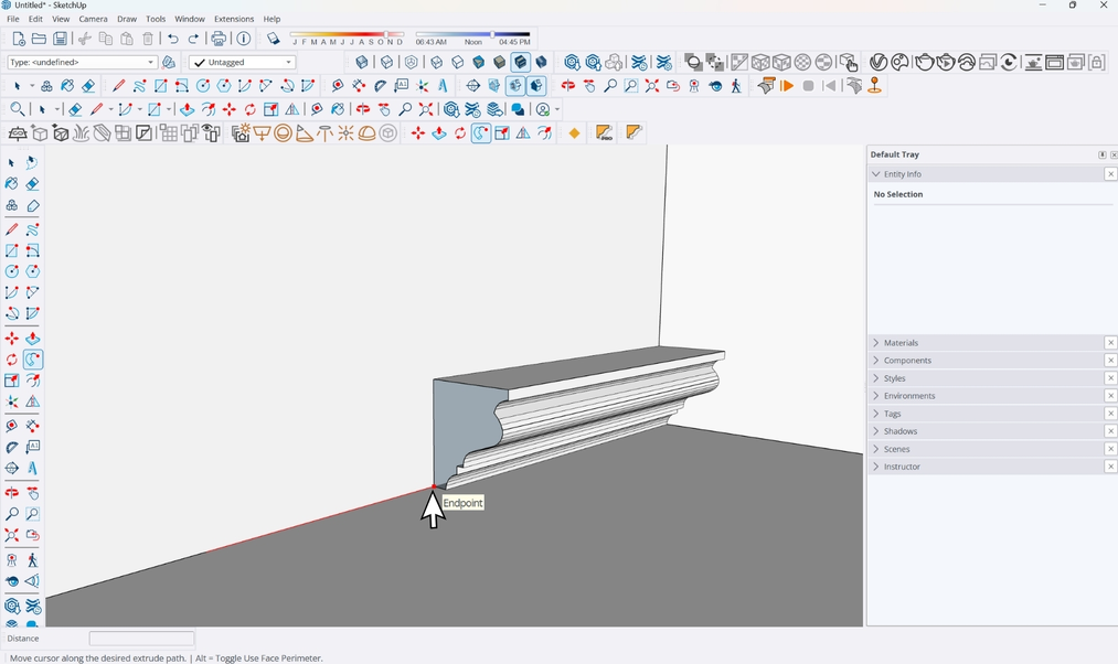 Moldura truncada en SketchUp detenida por Follow Me en una trayectoria interrumpida