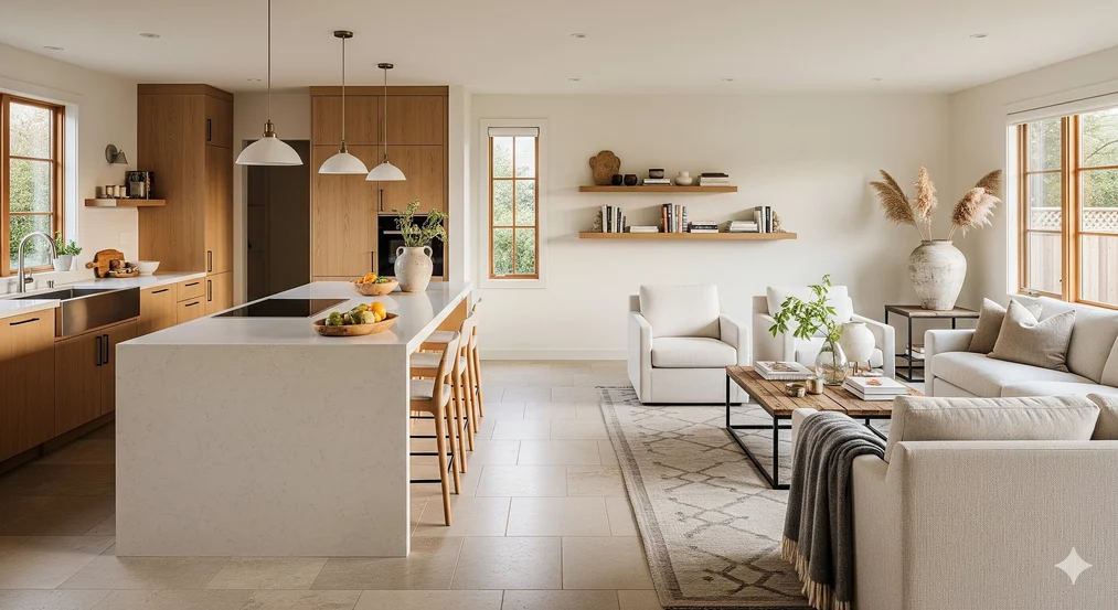 Espacio con materiales naturales que combinan estética y practicidad