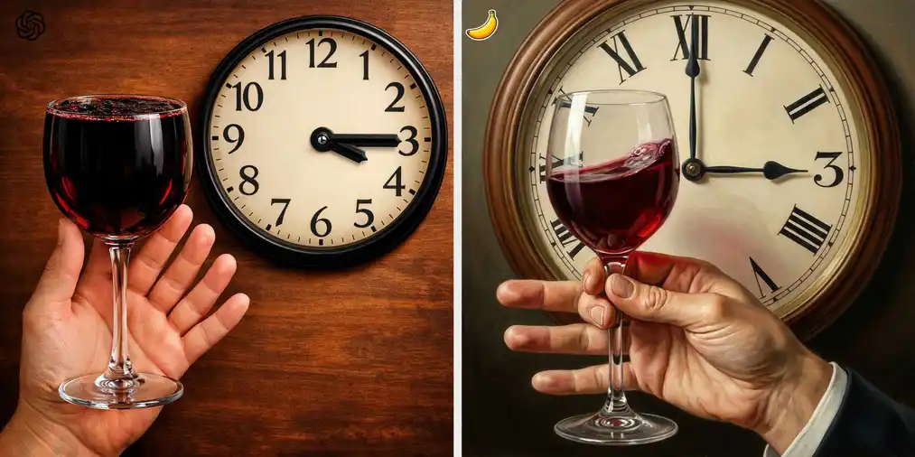 Prueba 5: mano con seis dedos, copa de vino y reloj – comparación GPT Image 1.5 y Nano Banana Pro