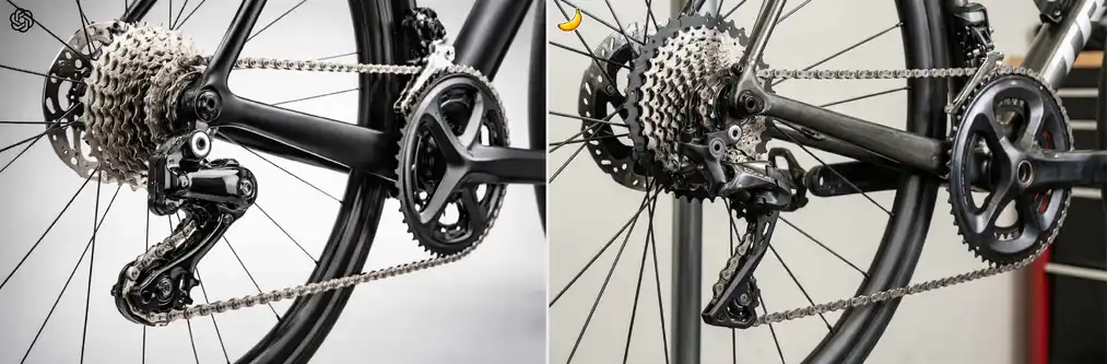 Prueba 11: acercamiento fotorrealista del sistema de transmisión de bicicleta – comparación GPT Image 1.5 y Nano Banana Pro