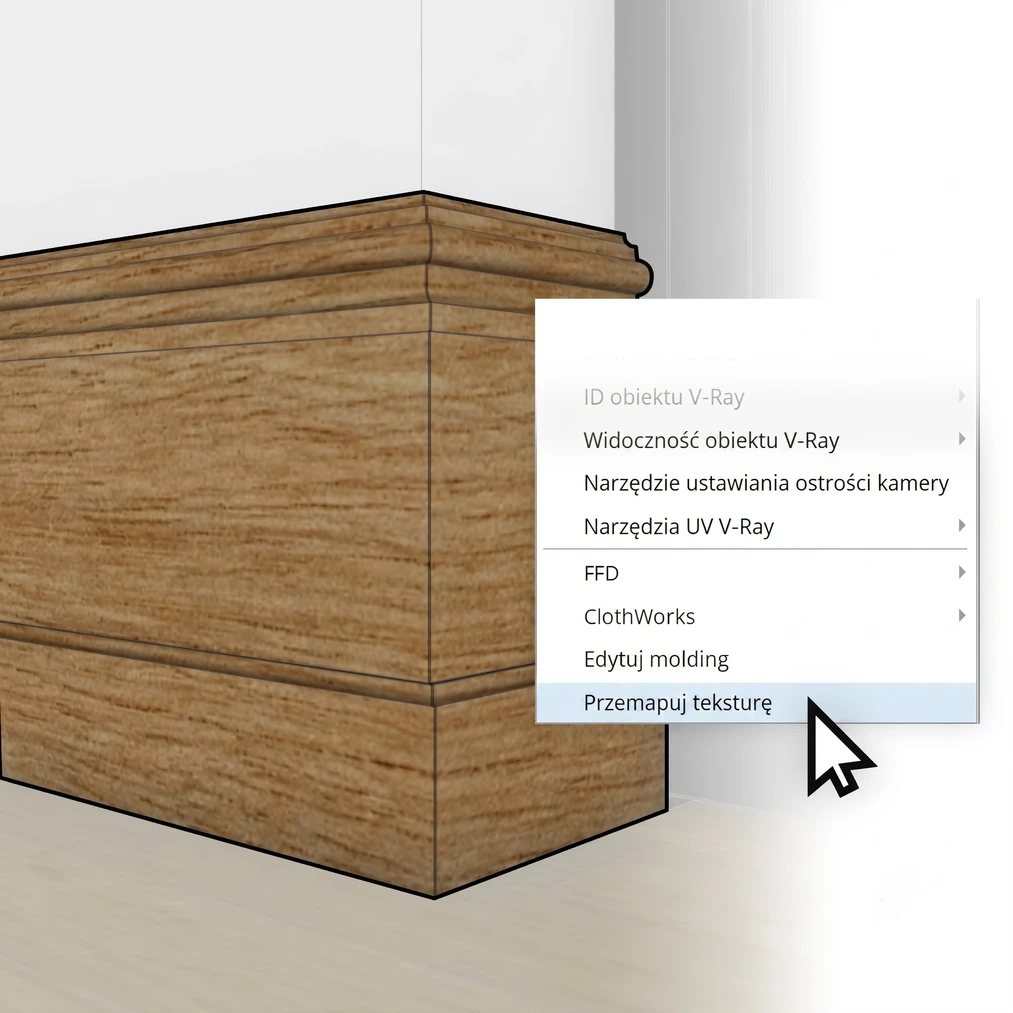 Modelo 3D de moldura de madera en SketchUp: mapeo automático de texturas con la función Reasignar textura