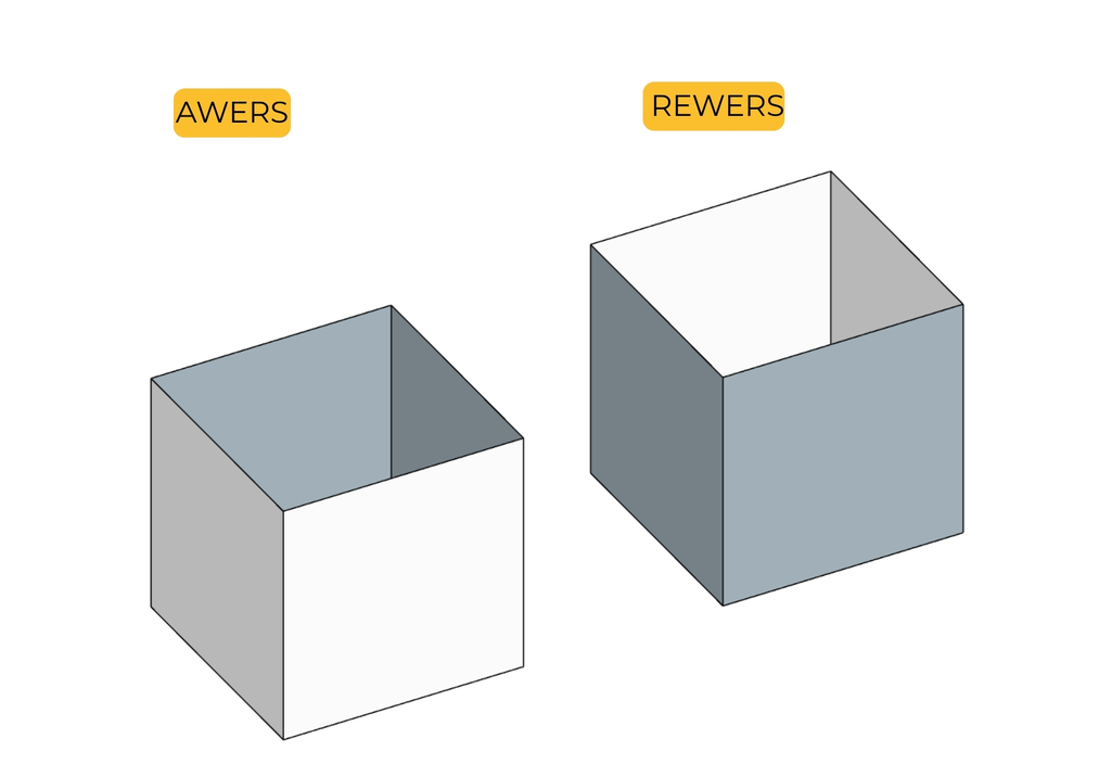 Comparación del anverso blanco y el reverso gris de una cara en SketchUp con modelos de cajas.