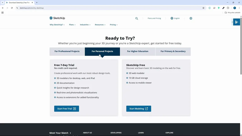 Selección de la versión SketchUp Pro o&nbsp;SketchUp Free al descargar