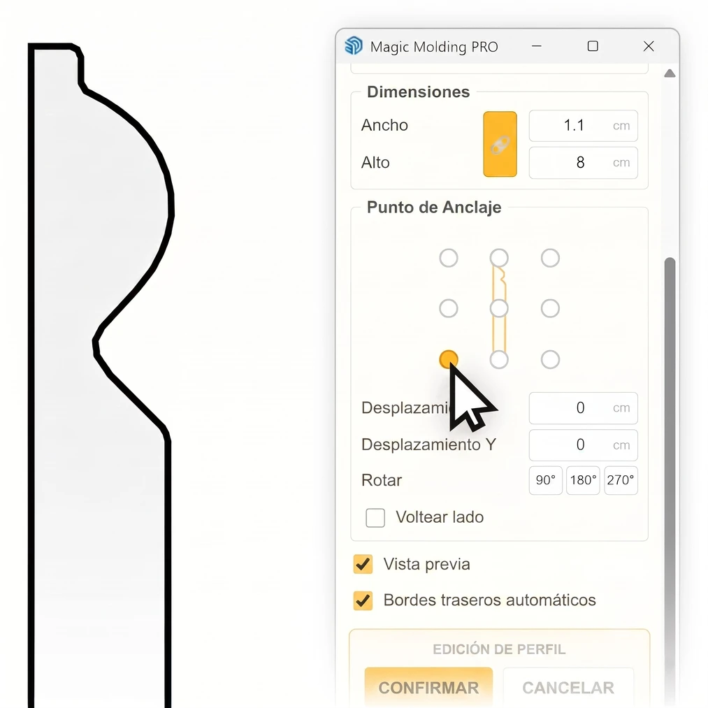 Selección del punto de anclaje del perfil de moldura en el panel del plugin Magic Molding