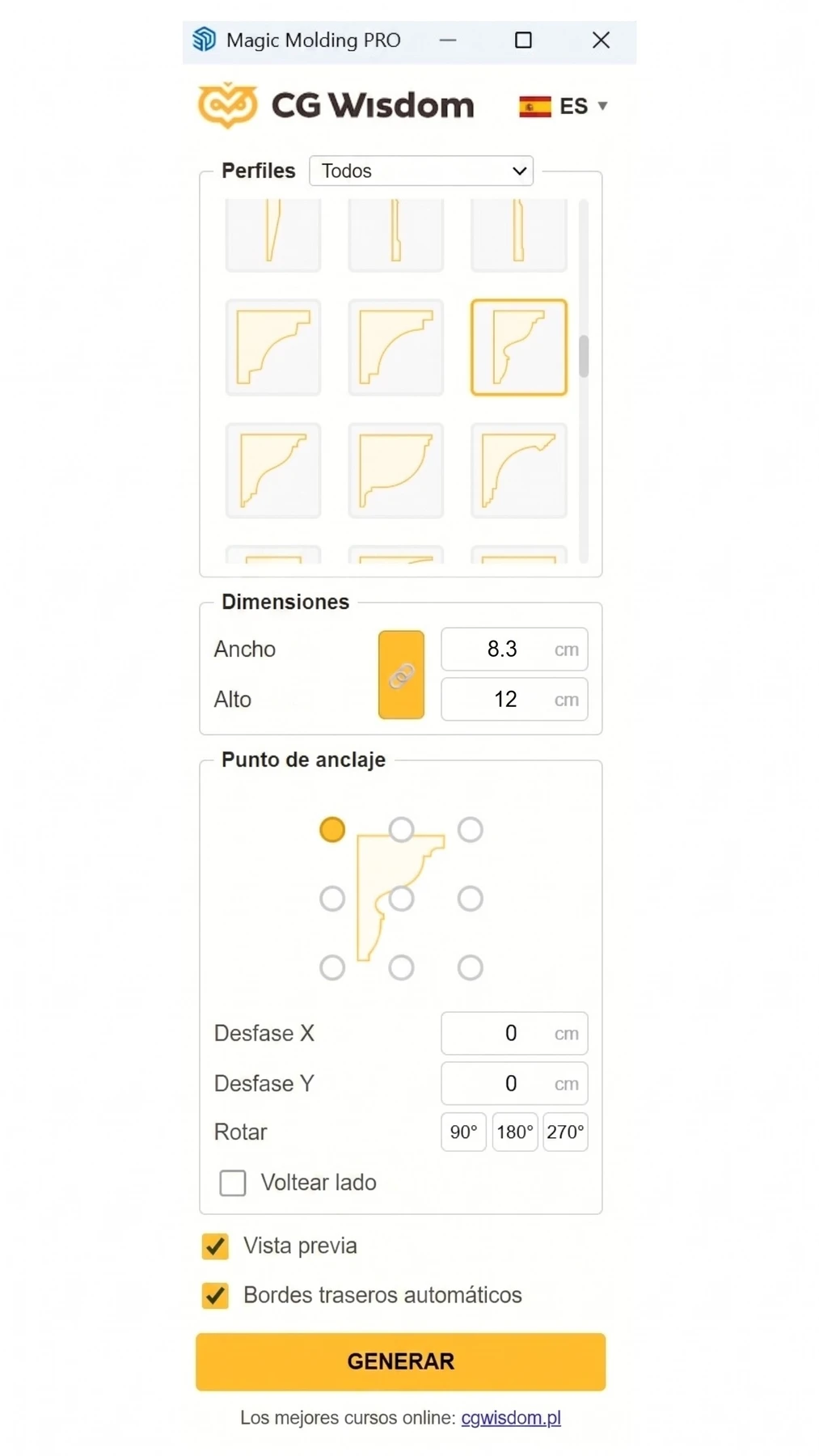 Selección de un perfil de moldura predefinido de la biblioteca en el panel del plugin Magic Molding