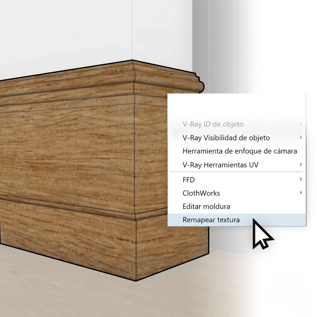 Modelo 3D de moldura de madera en SketchUp: mapeo automático de texturas con la función Reasignar textura