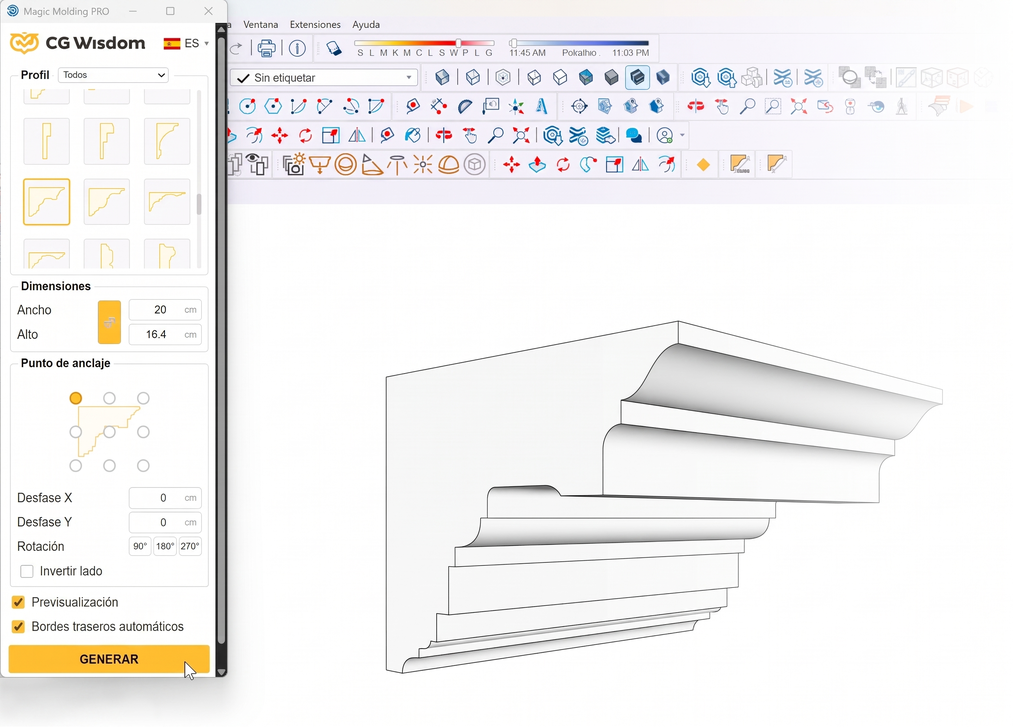 Generación de cornisas con la orientación correcta de las caras mediante el plugin Magic Molding en SketchUp.