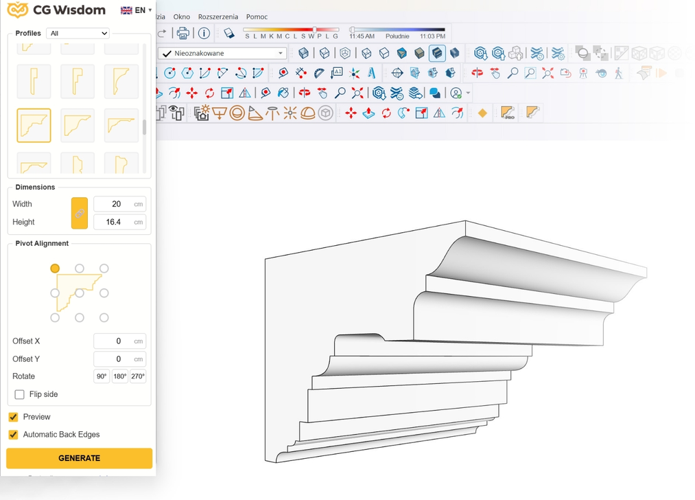 Generating a&nbsp;cornice with correct face orientation using the Magic Molding plugin in SketchUp.