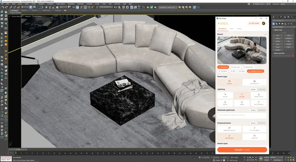Raya plugin in 3ds Max: sofa in the viewport and panel with the finished AI interior visualization