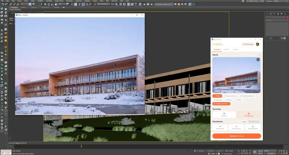 AI architectural visualization of a&nbsp;building in a&nbsp;winter scene generated from the 3ds Max viewport