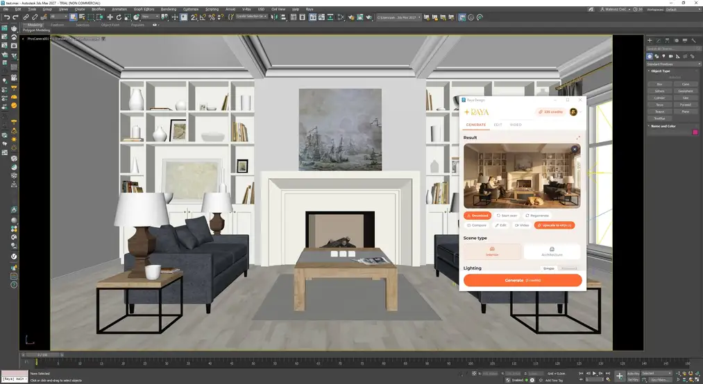 Classic living room with a&nbsp;fireplace in the 3ds Max viewport and its photorealistic AI visualization in the Raya panel
