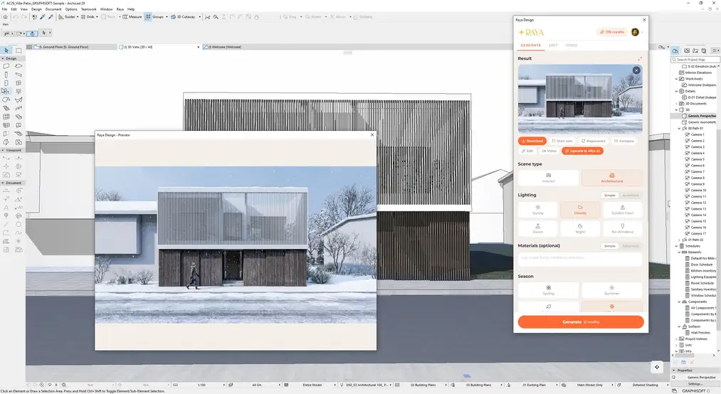 The same ArchiCAD house in a&nbsp;winter AI visualization with the season set in the Raya panel