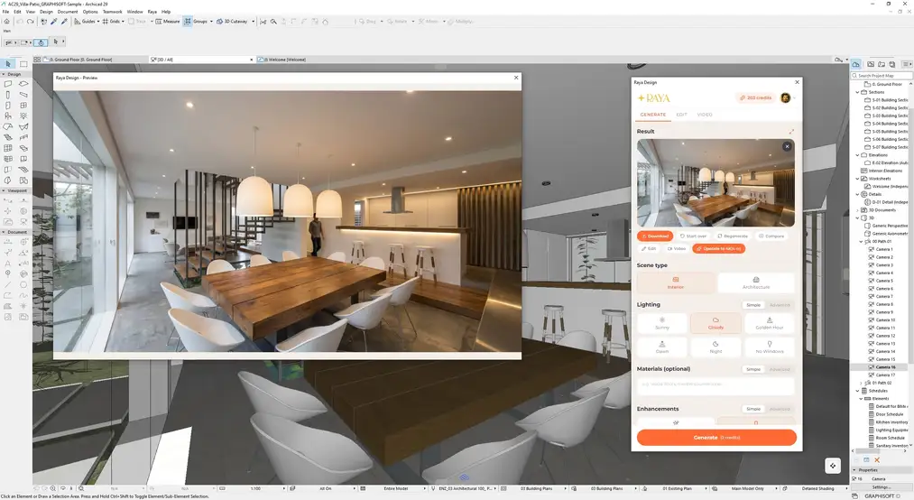 AI visualization of a&nbsp;dining room with a&nbsp;wooden table generated from a&nbsp;3D view in ArchiCAD