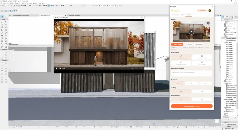 Video tab in the Raya panel in ArchiCAD with an animation of an autumn house visualization