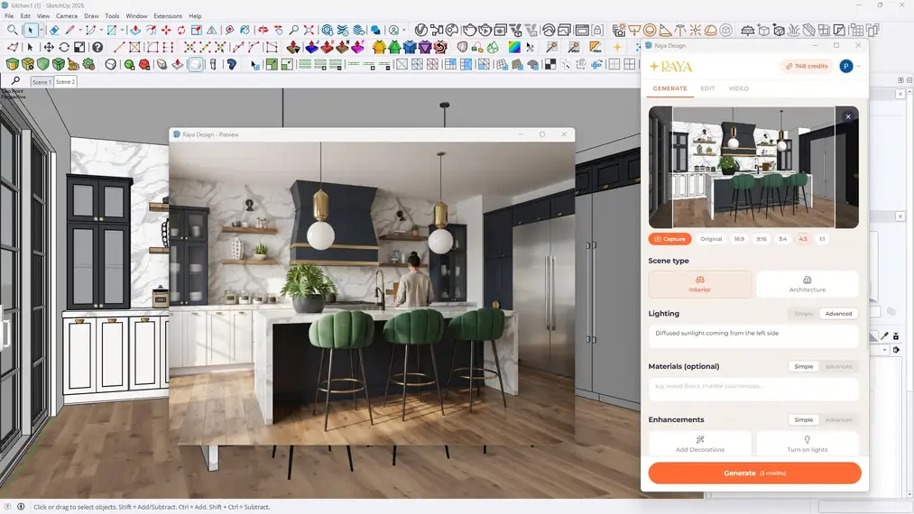 Kitchen with navy cabinetry and green bar stools: SketchUp model and AI visualization in the Raya plugin preview